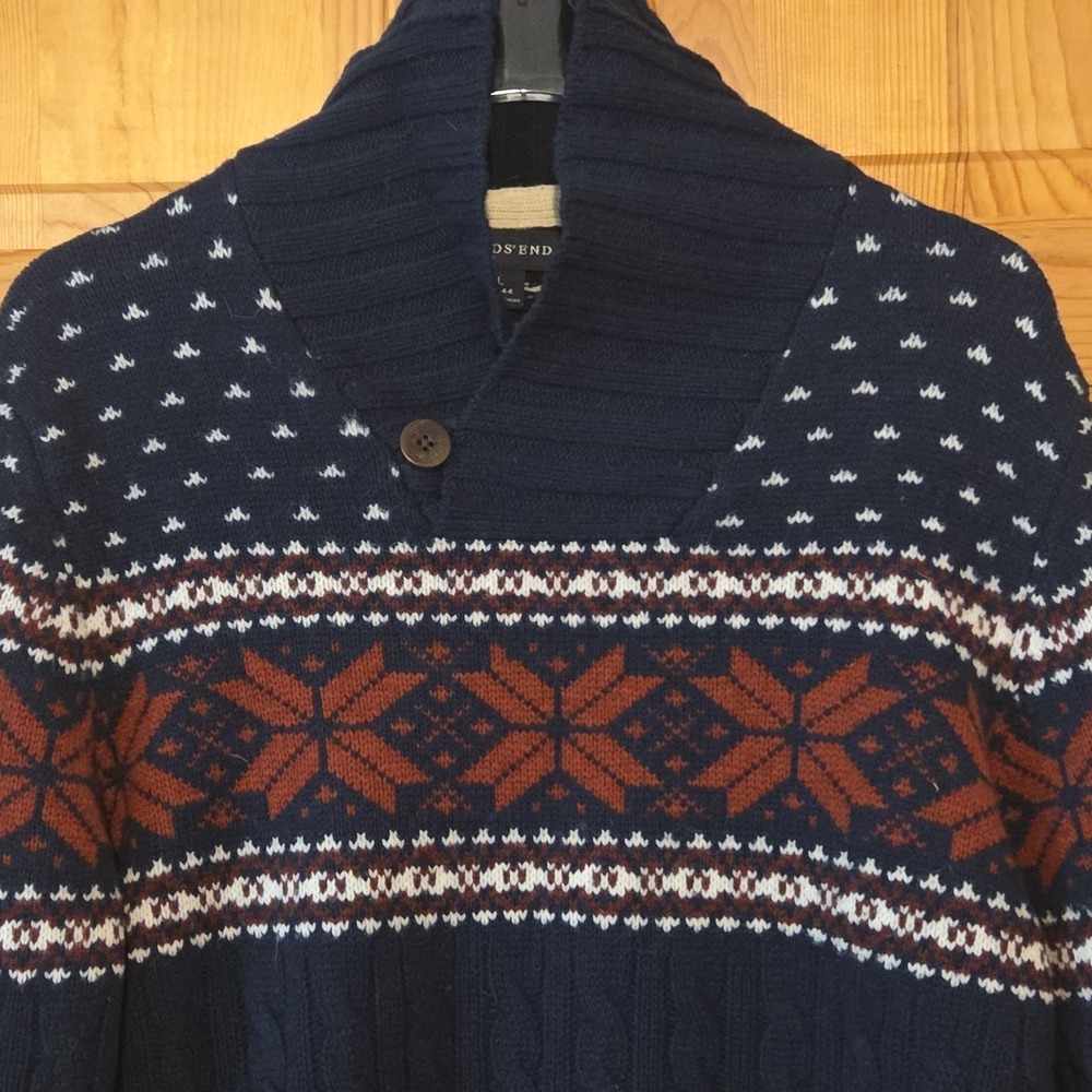 Vintage 90s Lands End 100% Wool Nordic Fair Isle Sweater Men's Large Navy Blue